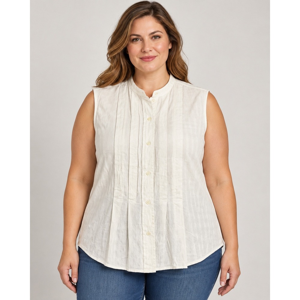 Jones New York Sport White Cotton Pintuck Sleeveless Button Down Top Sz 16